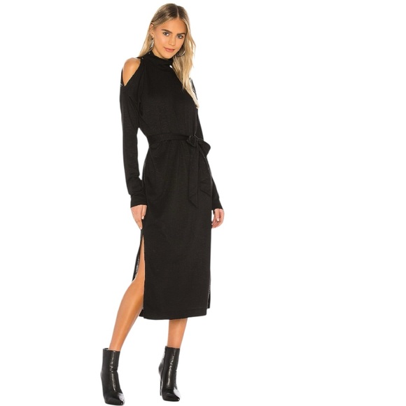 Paige Paxton Black Cutout Knit Midi Dress Tie Waist Belted Side Slit Size XS - Picture 4 of 13
